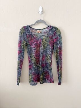 Mudd Women's Long Sleeve Scoop Neck Top - Multicolor Sheer Floral Lace
